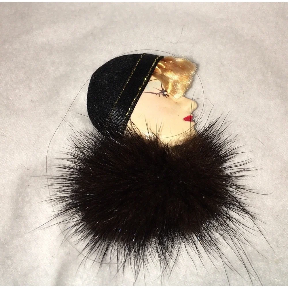Vintage flapper Celluloid brooch with mink scarf